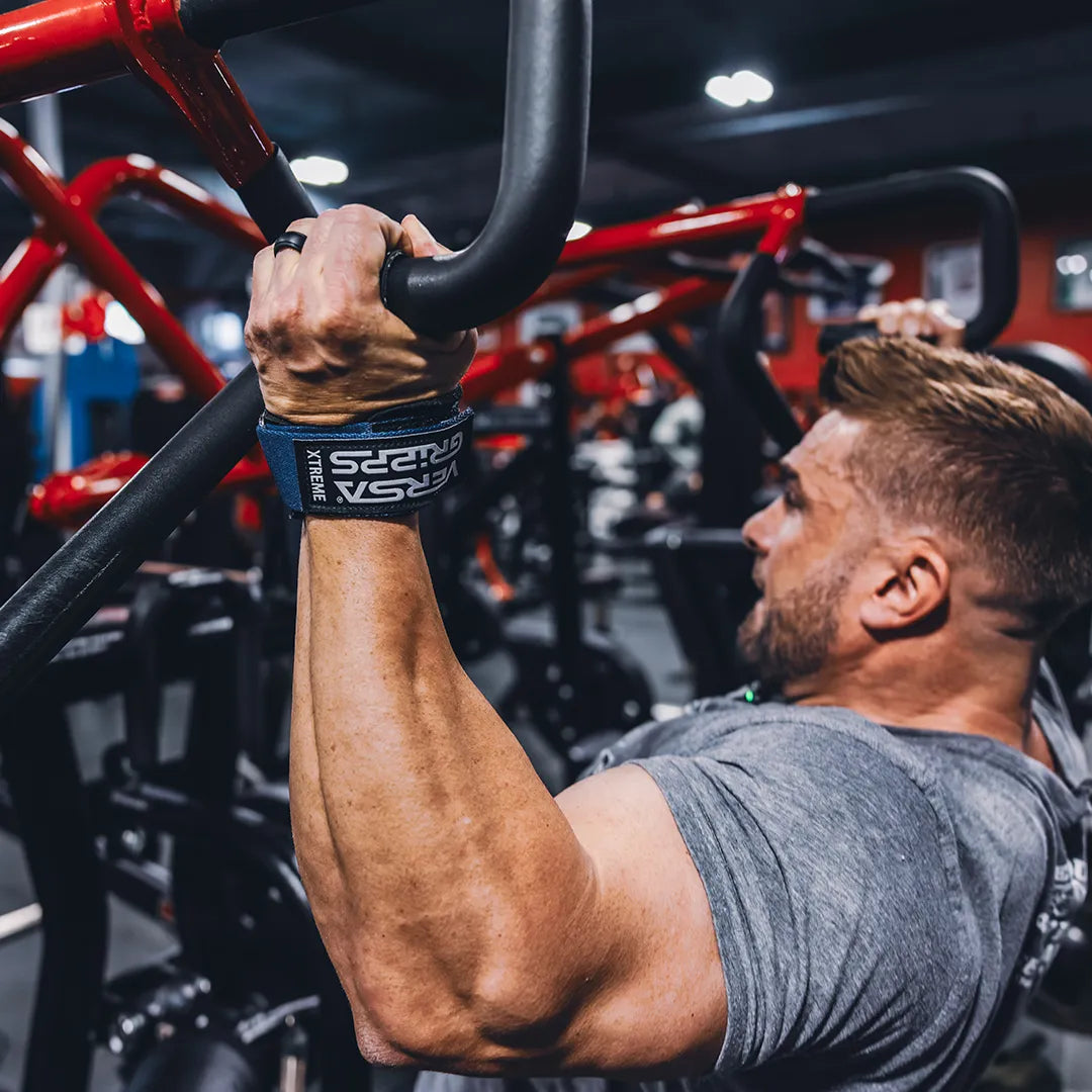Close view of a Versa Gripps Xtreme cinched around a pull-up handle